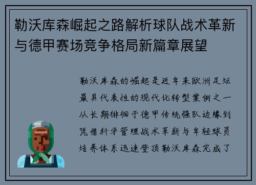 勒沃库森崛起之路解析球队战术革新与德甲赛场竞争格局新篇章展望 勒沃库森崛起之路解析球队战术革新与德甲赛场竞争格局新篇章展望